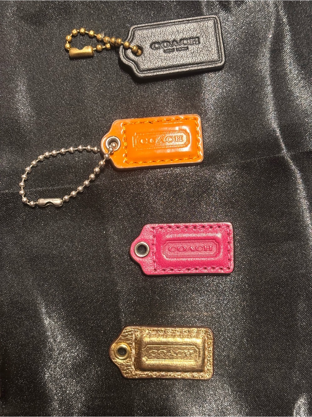 Coach Leather Hangtags — Black, Orange, Pink, Gold